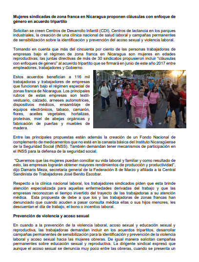 Lee más sobre el artículo Mujeres sindicadas de zona franca en Nicaragua proponen cláusulas con enfoque de género en acuerdo tripartito
