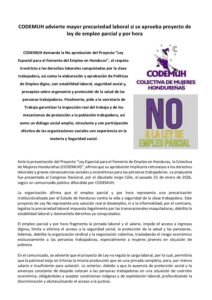 Lee más sobre el artículo CODEMUH advierte mayor precariedad laboral si se aprueba proyecto de ley de empleo parcial y por hora
